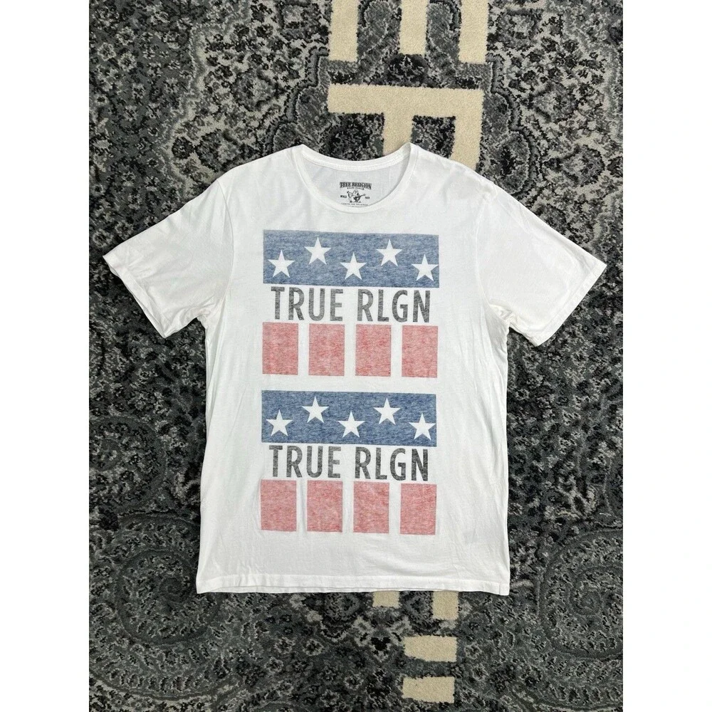 true religion printed tee shirt - Stars & Stripes MENS Size Large White